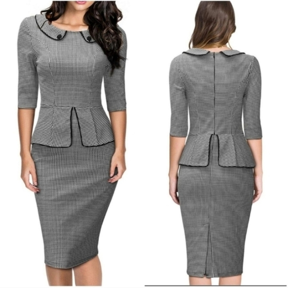 Miusol Dresses & Skirts - Miusol Black white Houndstooth Plaid Peter Pan Collar Midi Dress Medium